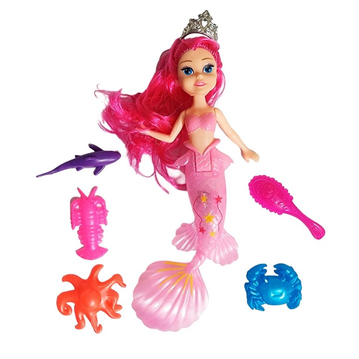 Muñeca Princesa Sirena Con Peine + Animales Marinos Juguete