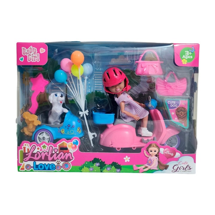 Muñeca Con Mascota En Moto + Accesorios Juguete