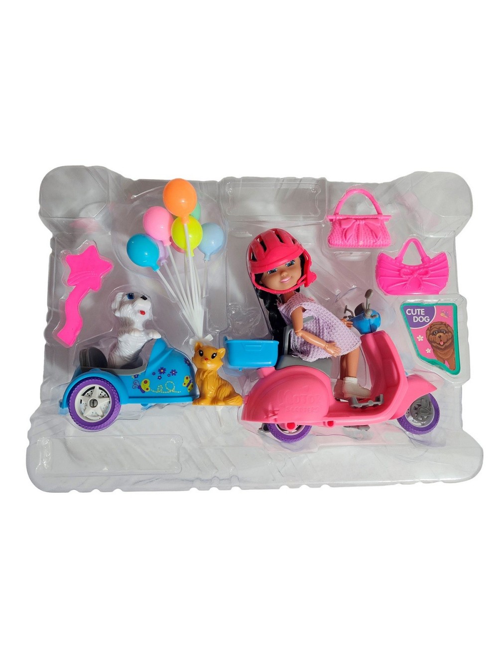 Muñeca Con Mascota En Moto + Accesorios Juguete