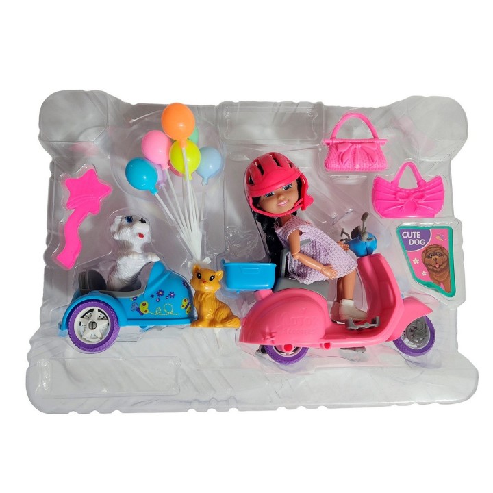 Muñeca Con Mascota En Moto + Accesorios Juguete