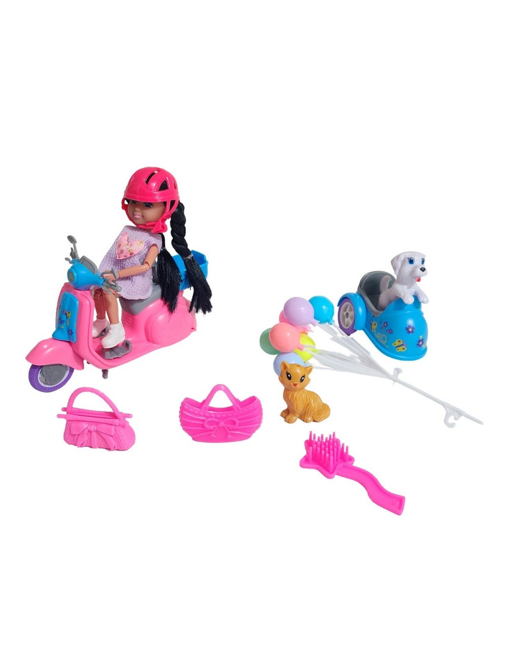 Muñeca Con Mascota En Moto + Accesorios Juguete