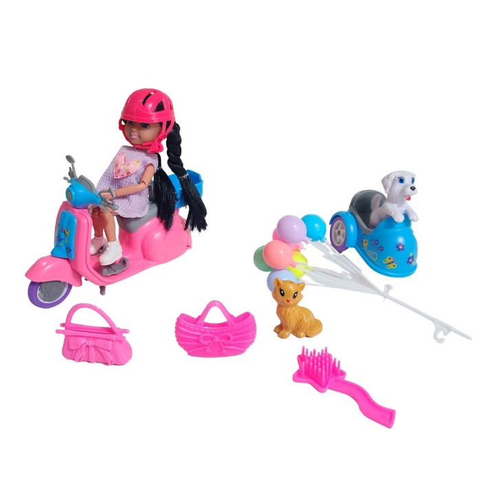 Muñeca Con Mascota En Moto + Accesorios Juguete