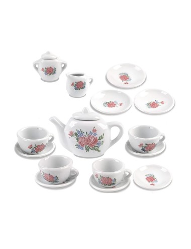 Juego De Te Porcelana Juguete Tetera Platos Pocillos Flores
