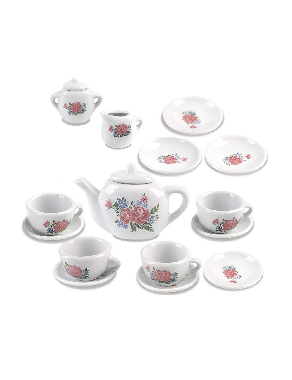 Juego De Te Porcelana Juguete Tetera Platos Pocillos Flores