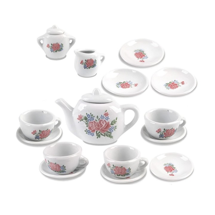 Juego De Te Porcelana Juguete Tetera Platos Pocillos Flores