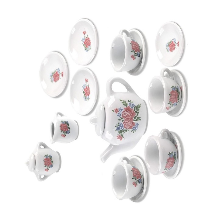 Juego De Te Porcelana Juguete Tetera Platos Pocillos Flores