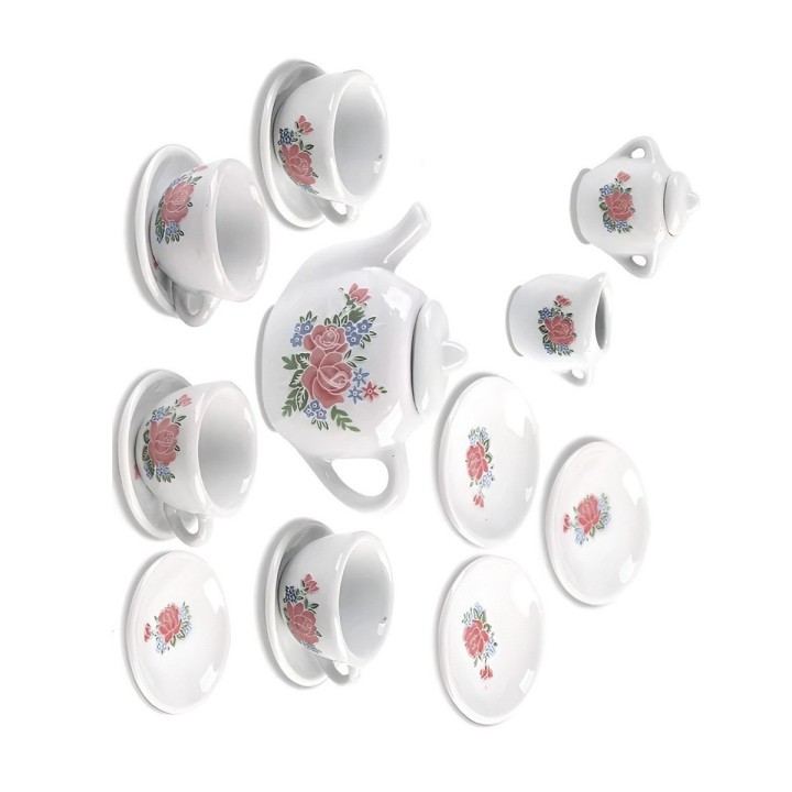 Juego De Te Porcelana Juguete Tetera Platos Pocillos Flores