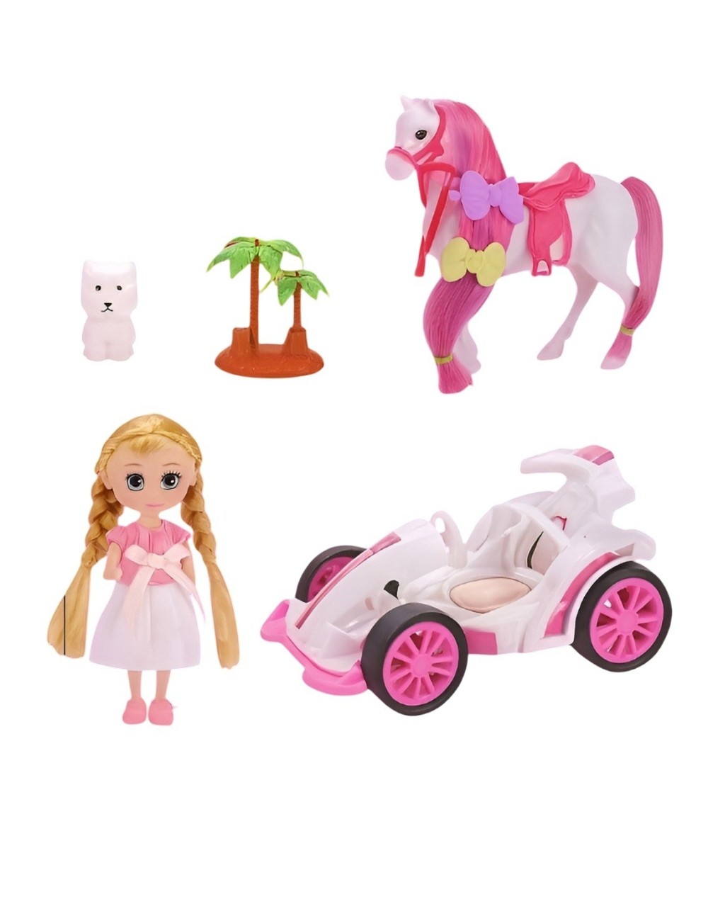 Muñeca Juguete Carro Deportivo Con Caballo Y Mascota