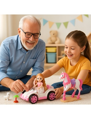 Muñeca Juguete Carro Deportivo Con Caballo Y Mascota