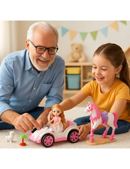 Muñeca Juguete Carro Deportivo Con Caballo Y Mascota