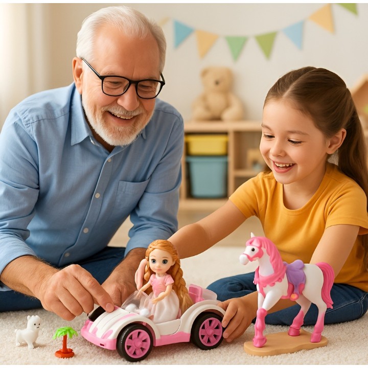 Muñeca Juguete Carro Deportivo Con Caballo Y Mascota