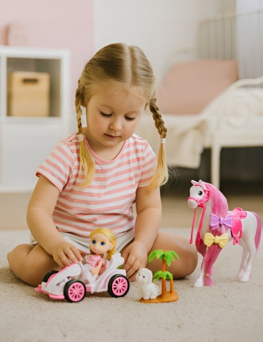 Muñeca Juguete Carro Deportivo Con Caballo Y Mascota