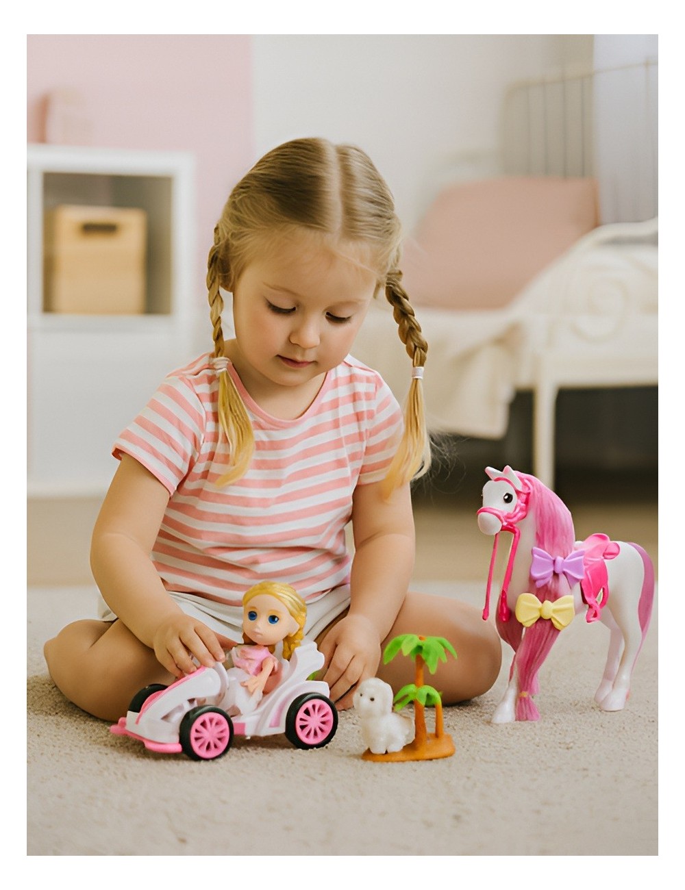 Muñeca Juguete Carro Deportivo Con Caballo Y Mascota