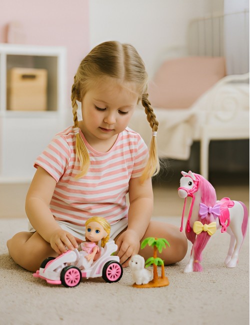 Muñeca Juguete Carro Deportivo Con Caballo Y Mascota