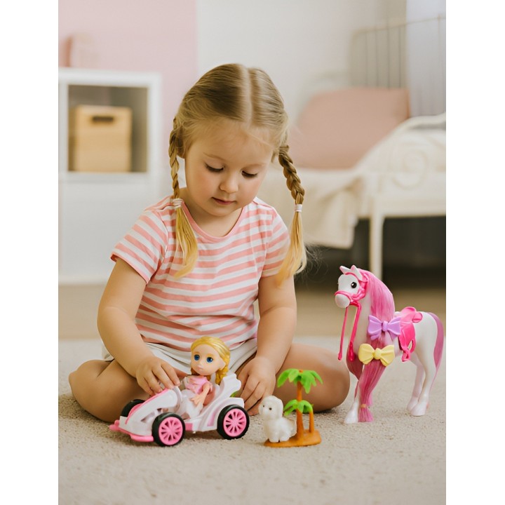 Muñeca Juguete Carro Deportivo Con Caballo Y Mascota