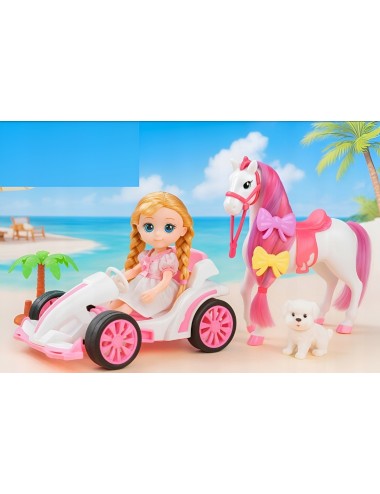 Muñeca Juguete Carro Deportivo Con Caballo Y Mascota