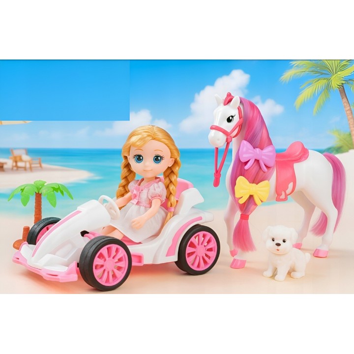 Muñeca Juguete Carro Deportivo Con Caballo Y Mascota