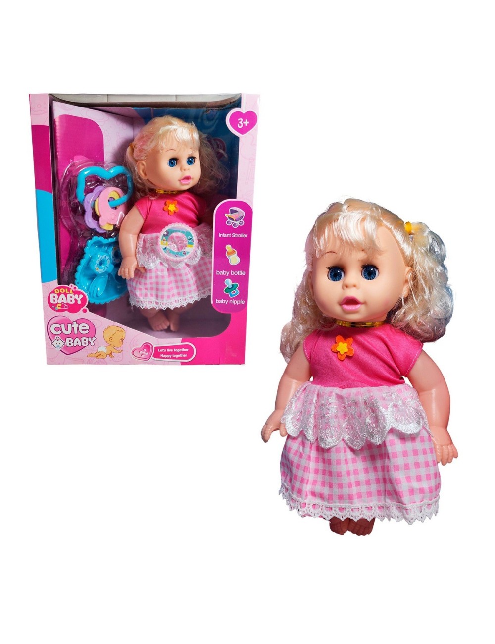 Muñeca Bebe Con Vestido Multicolor Utencilios Y Sonajero