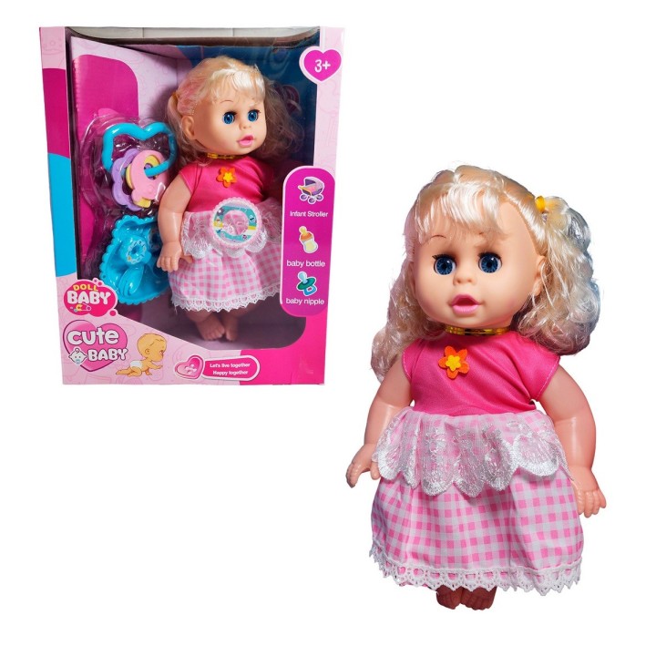 Muñeca Bebe Con Vestido Multicolor Utencilios Y Sonajero