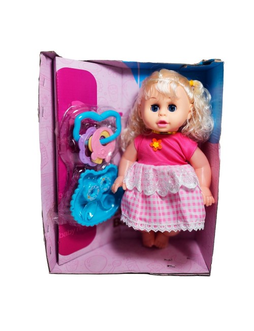 Muñeca Bebe Con Vestido Multicolor Utencilios Y Sonajero