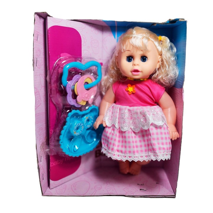 Muñeca Bebe Con Vestido Multicolor Utencilios Y Sonajero