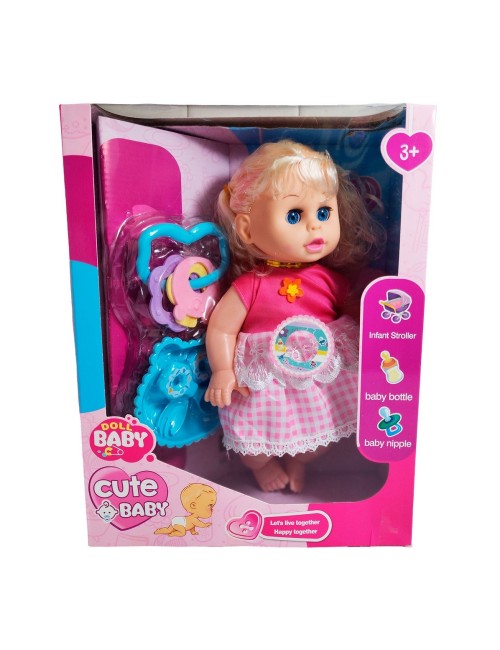 Muñeca Bebe Con Vestido Multicolor Utencilios Y Sonajero