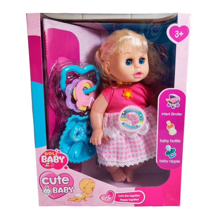 Muñeca Bebe Con Vestido Multicolor Utencilios Y Sonajero