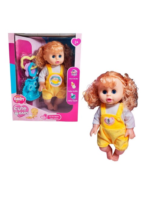 Muñeca Bebe Con Vestido Multicolor Utencilios Y Sonajero