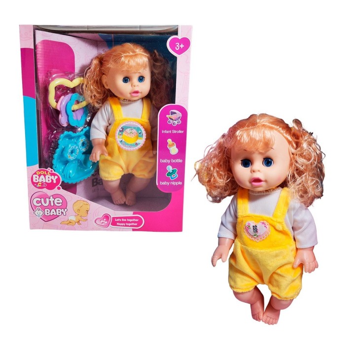 Muñeca Bebe Con Vestido Multicolor Utencilios Y Sonajero