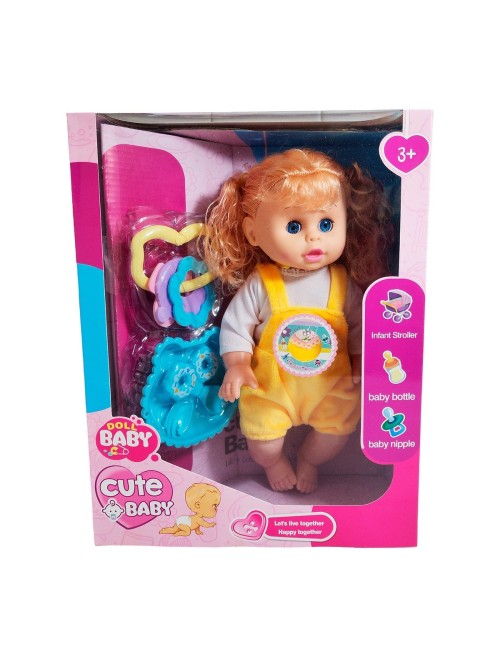 Muñeca Bebe Con Vestido Multicolor Utencilios Y Sonajero