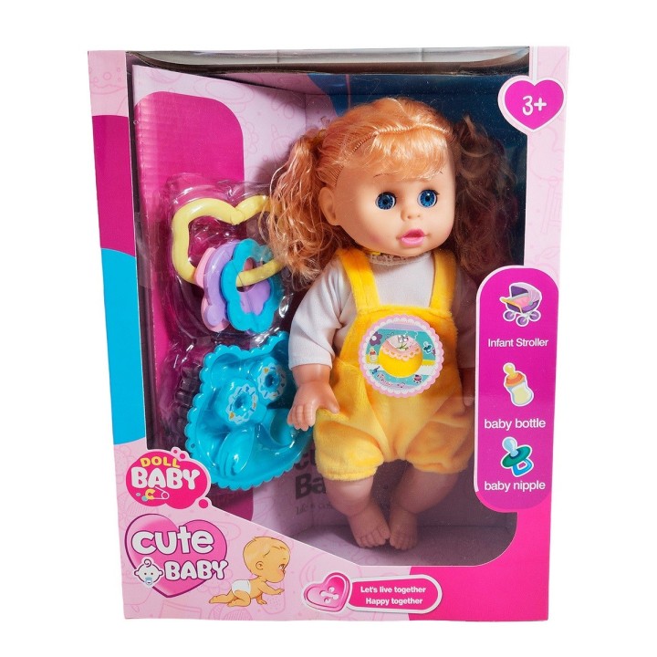 Muñeca Bebe Con Vestido Multicolor Utencilios Y Sonajero