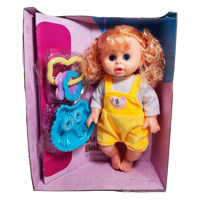 Muñeca Bebe Con Vestido Multicolor Utencilios Y Sonajero