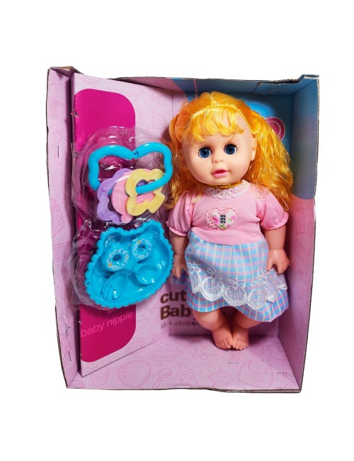 Muñeca Bebe Con Vestido Multicolor Utencilios Y Sonajero