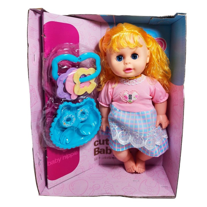 Muñeca Bebe Con Vestido Multicolor Utencilios Y Sonajero