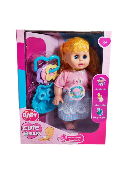 Muñeca Bebe Con Vestido Multicolor Utencilios Y Sonajero