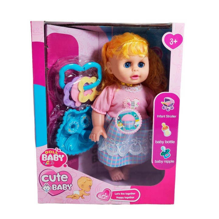 Muñeca Bebe Con Vestido Multicolor Utencilios Y Sonajero