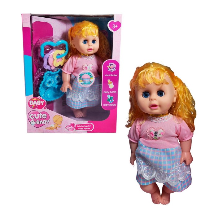 Muñeca Bebe Con Vestido Multicolor Utencilios Y Sonajero