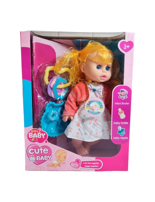 Muñeca Bebe Con Vestido Multicolor Utencilios Y Sonajero