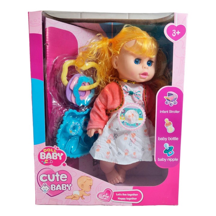 Muñeca Bebe Con Vestido Multicolor Utencilios Y Sonajero