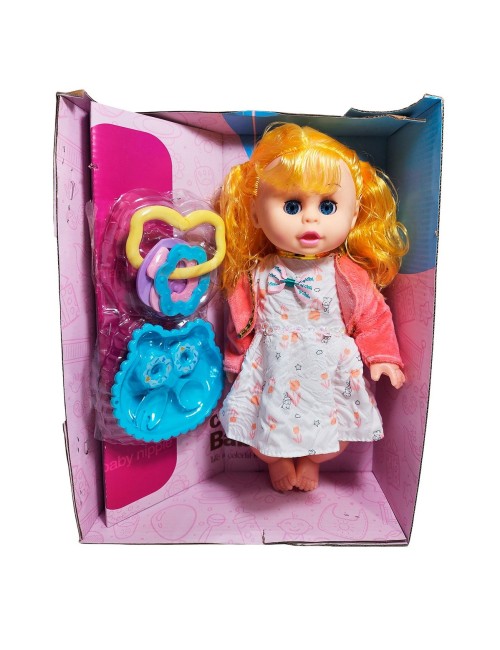 Muñeca Bebe Con Vestido Multicolor Utencilios Y Sonajero