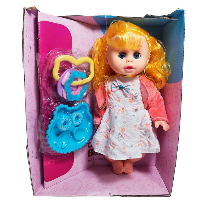 Muñeca Bebe Con Vestido Multicolor Utencilios Y Sonajero
