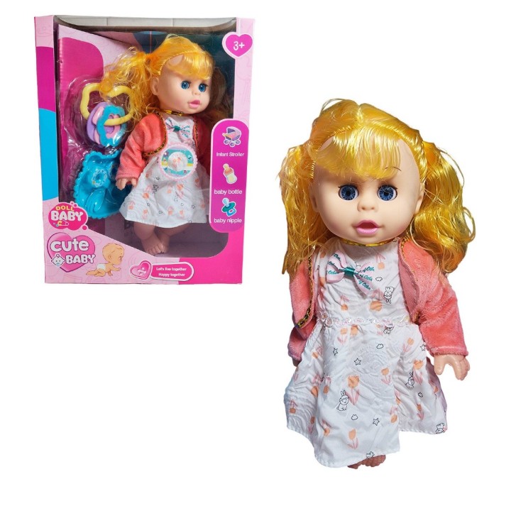 Muñeca Bebe Con Vestido Multicolor Utencilios Y Sonajero