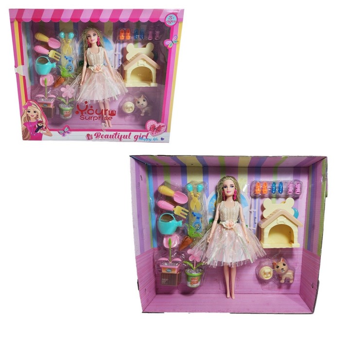 Muñeca Princesa Con Vestido Elegante Mascota Y Accesorios
