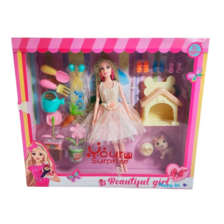Muñeca Princesa Con Vestido Elegante Mascota Y Accesorios