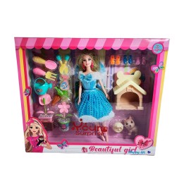 Muñeca Princesa Con Vestido Elegante Mascota Y Accesorios
