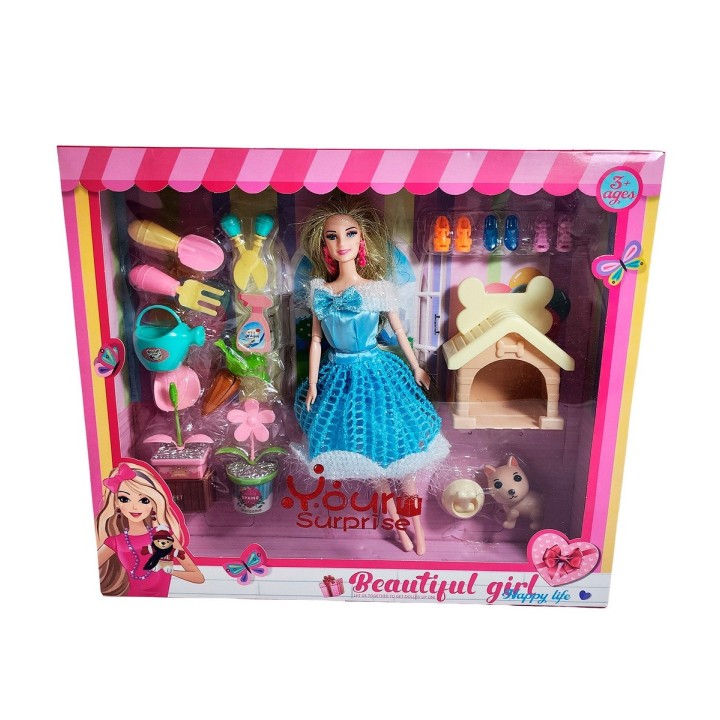Muñeca Princesa Con Vestido Elegante Mascota Y Accesorios