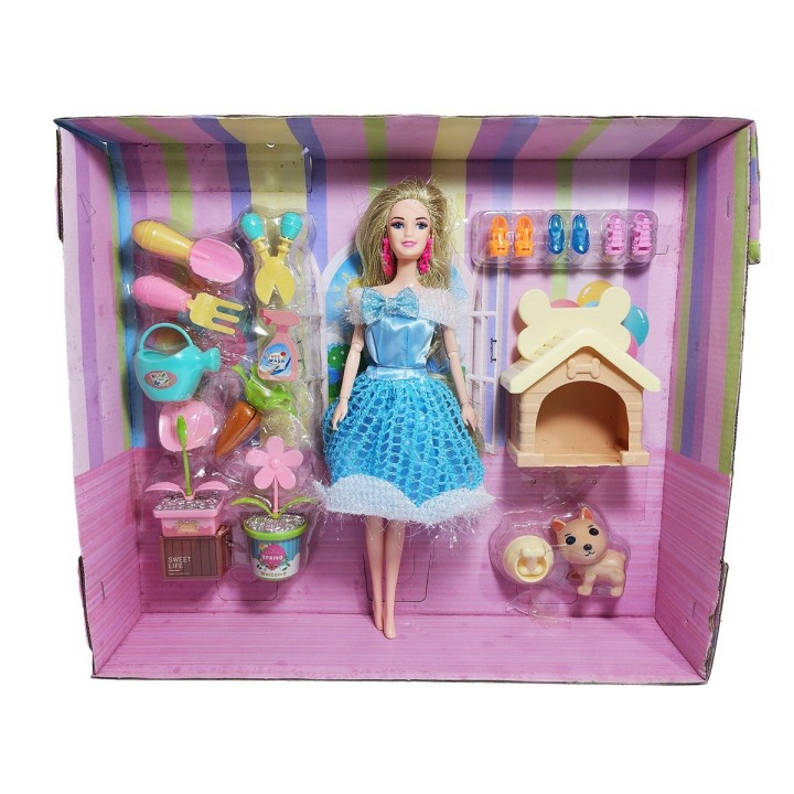 Muñeca Princesa Con Vestido Elegante Mascota Y Accesorios