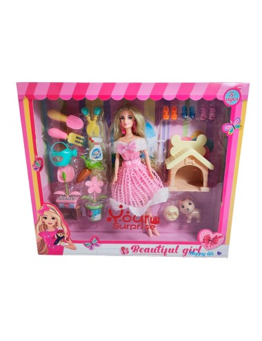 Muñeca Princesa Con Vestido Elegante Mascota Y Accesorios