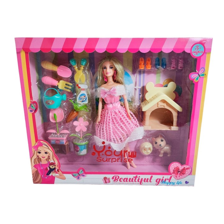 Muñeca Princesa Con Vestido Elegante Mascota Y Accesorios