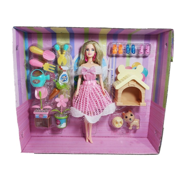 Muñeca Princesa Con Vestido Elegante Mascota Y Accesorios